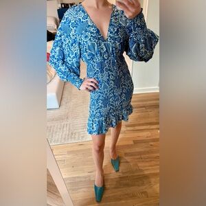 RHODE RESORT Floral Blue Long Sleeve Mini Dress XS